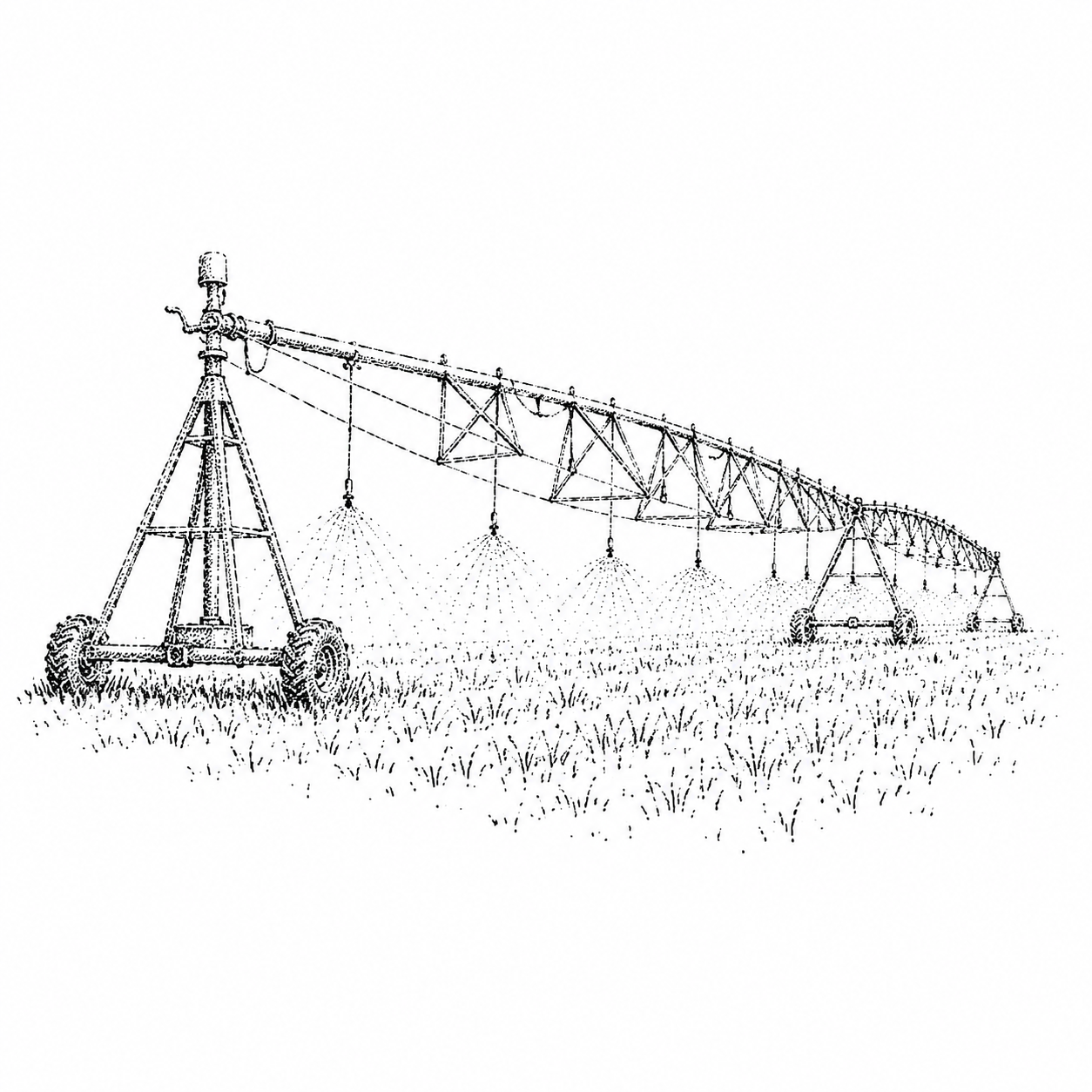 Pen-and-ink illustration of a center-pivot irrigation system watering a field of crops